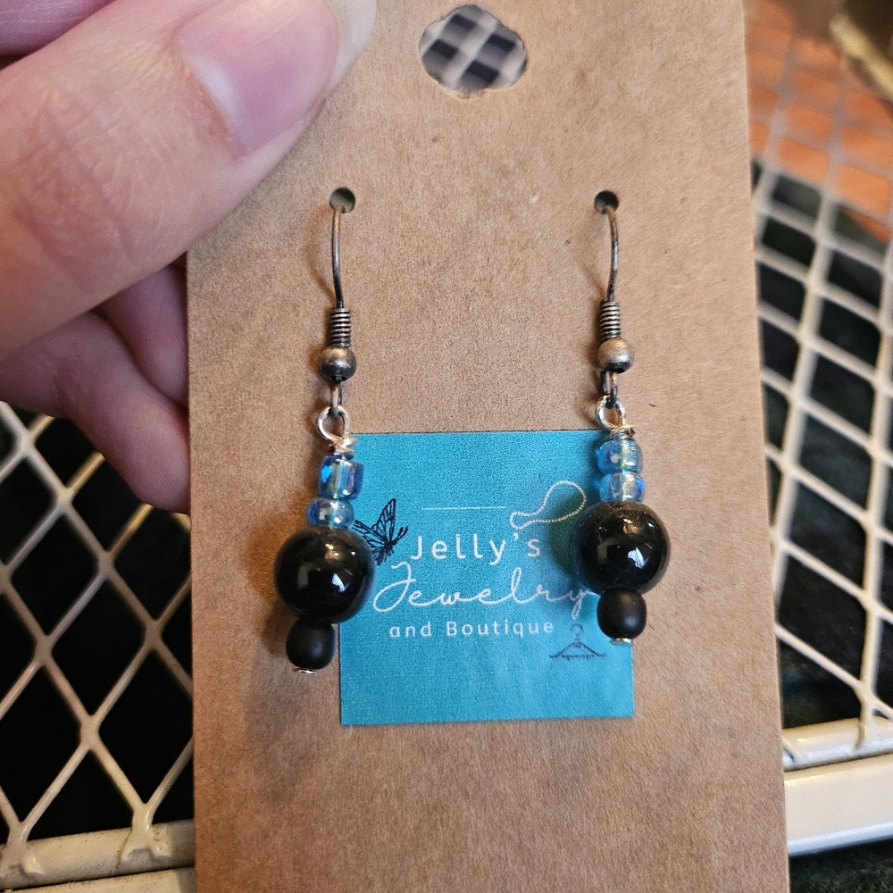 Jelly's Jewelry and Boutique Handcrafted Black and Blue Glass Beaded Earring
